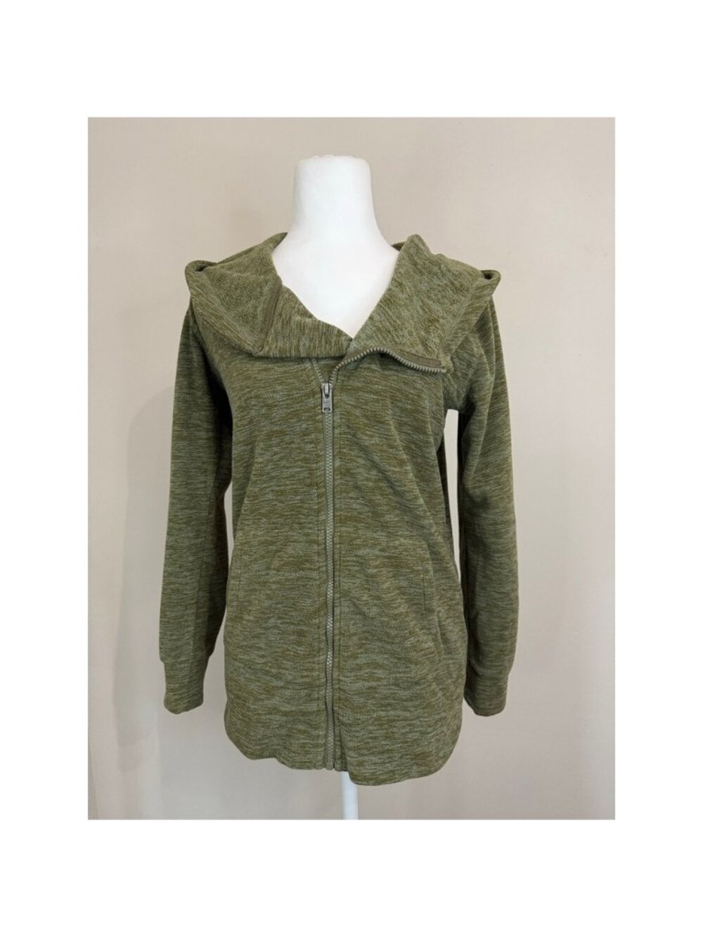 Roxy Womens Asymmetrical Full Zip Hoodie Cowl Neck Olive Green Heathered Small